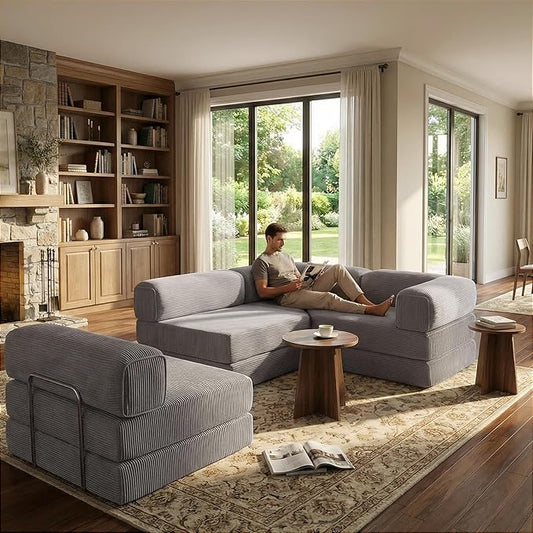 Modular Convertible Sofa Bed 106 L-Shaped with Reversible Chaise Corduroy Floor Sleeper Boneless Couch Folding Futon for Living Room Apartment Small Spaces No Assembly Required Grey