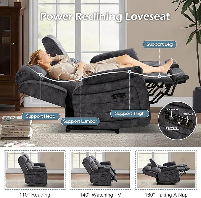 Zero Gravity Power Reclining Loveseat with Adjustable Headrest Power Loveseat Recliner with Console Power Loveseat Recliner Sofa with USB &amp Type-C Ports for Living Room(Grey)