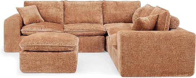 L-Shaped Boneless Modular Sectional Cloud Couches 6 Seat Modular Boucle Floor Foam Boneless Sofa Couch with Ottoman Headrest Pillows and Removable Cushions