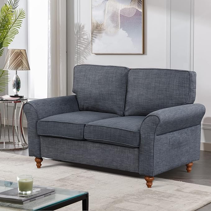EBELLO Modern Linen Fabric Loveseat Sofa Upholstered 2-seat Sofa Couch Wood Frame and Sturdy Legs for Living Room Bedroom Office Dark Blue