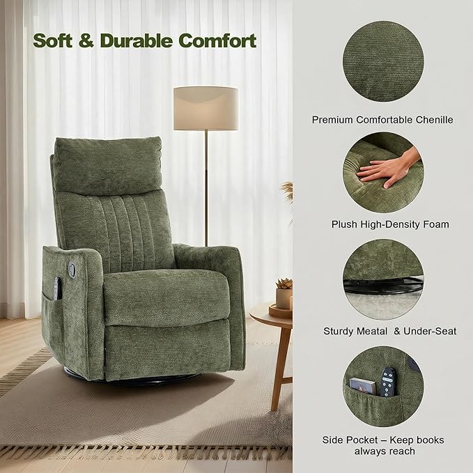 Casaphoria 360° Swivel Rocking Recliner Chair with Heat and Massage Upholstered Fabric Nursery Glider with Side Pocket for Living RoomBedroomHome Theater and RV Small Space(Antique Green)