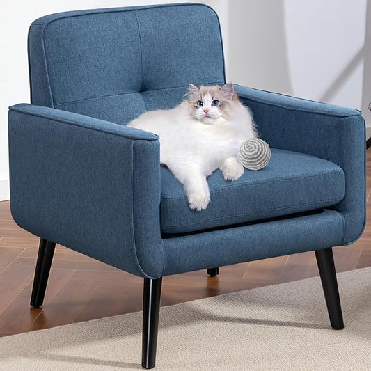 Mid Century Accent Chair Fabric Modern Chair with Wooden Frame Cozy Armchair Reading Chair with Comfy Back for Apartment Living Room Bedroom Waiting Room Small Space Corner Blue