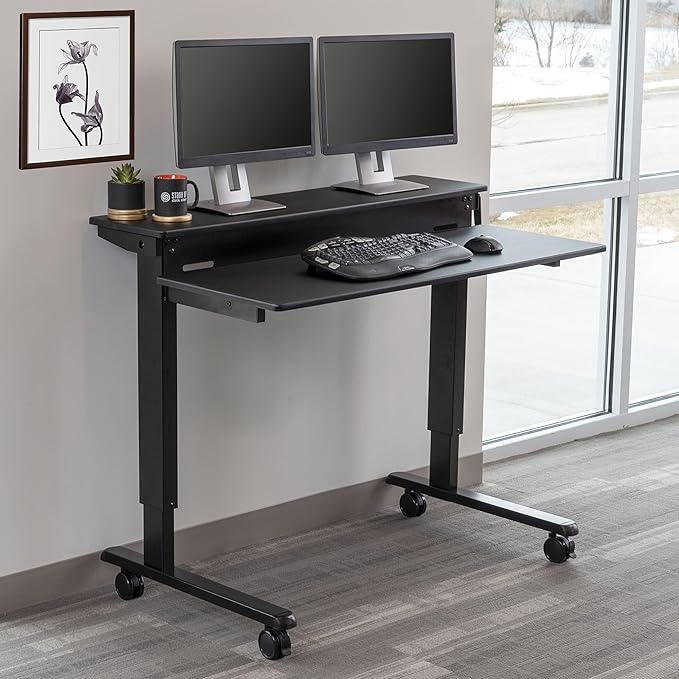 Stand Up Desk Store Crank Adjustable Two Tier Standing Desk with Heavy Duty Steel Frame (Black Frame/Black Top 48 Wide)