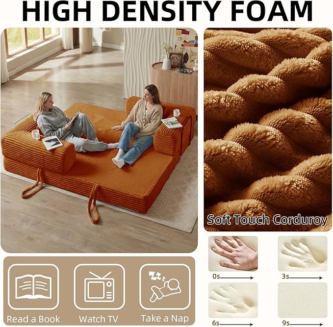 Convertible Folding Sofa BedFold Out Floor Sofa Couch with Fixed-Shape FrameCorduroy Foldable Mattress Cloud Couch for Living Room Bedroom (Orange 81 Inch)