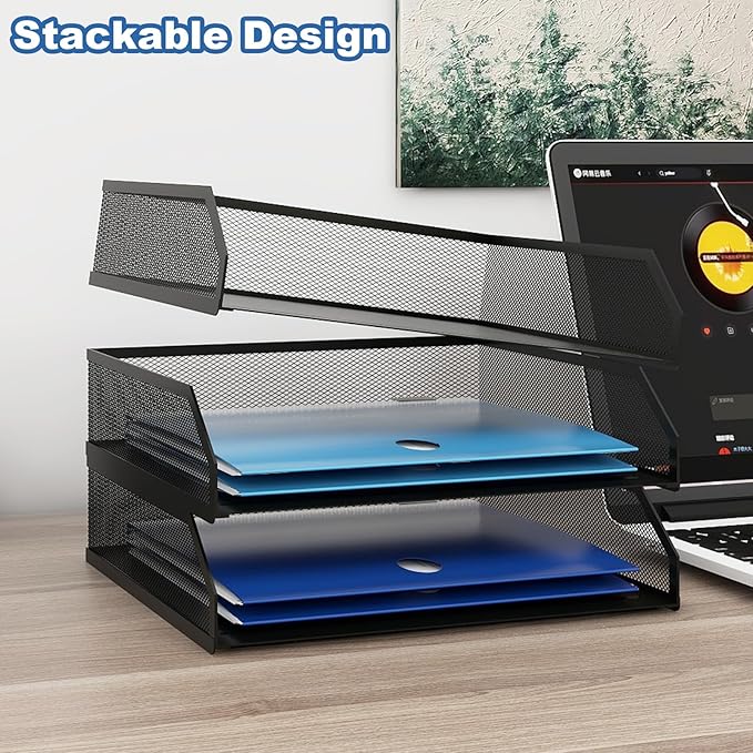 Natwind 3-Tier Stackable Paper Tray Metal Mesh Desktop Organizer A4 Paper Sorter Letter TraysFile Folder Sorter Organizer with Sliding Tray for Home Office School (Black)