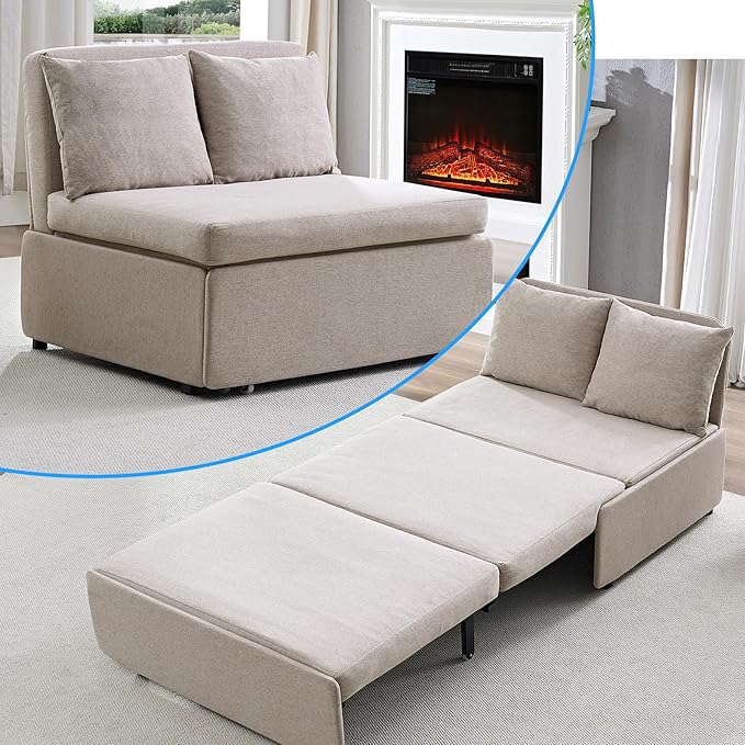 PUREMIND Twin Sofa Bed Twin Size Pull Out Sofa Beds with 2 Pillows&amp Tri-fold Mattress Linen Chair Bed Pull Out Couch Beds for Small Place Apartment Beige