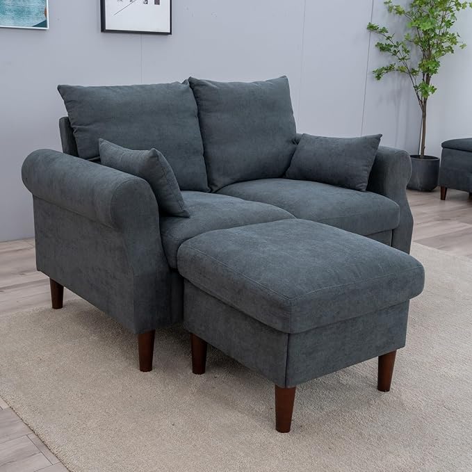 Panana Sectional Sofa Couch Loveseat Modern Linen Love Seater Home Furniture with Reversible Footstool for Small Space Living Room (Grey Scroll Arm - Loveseat with Ottoman)