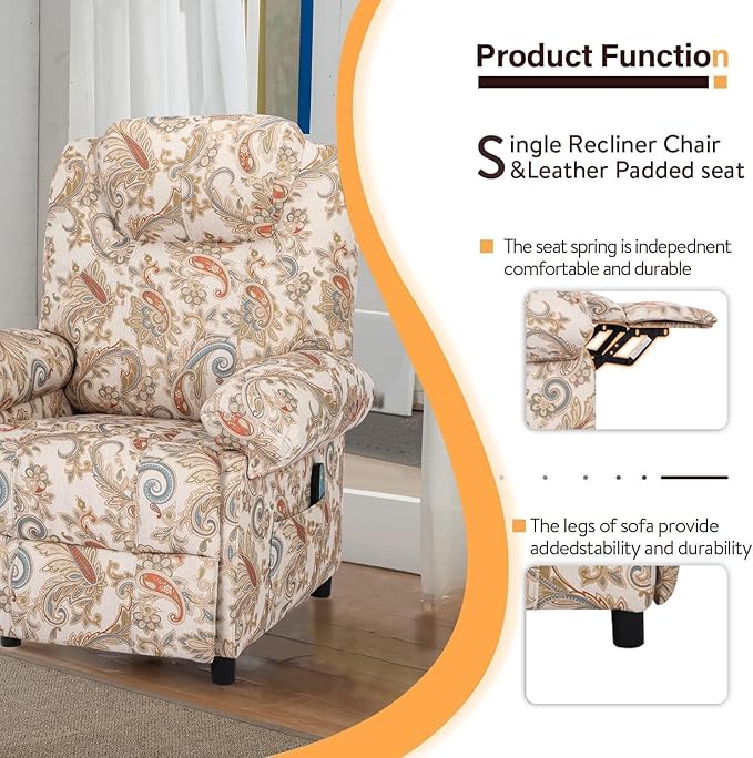 Manual Recliner Chair Massage Chair Recliners with Heat Pushback Recliners for Living Room Small Recliner Chairs for Small Spaces Fabric Overstuffed Single Sofa with Vibration Home TheaterFloral