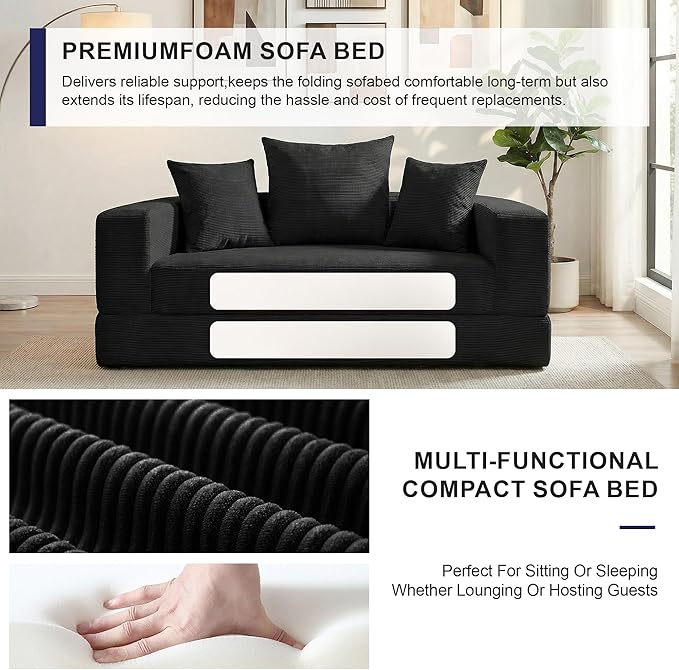Casaphoria Modern Futon Sofa Bed67 Inch Wide Folding Couch with Wide Armrests and PillowsConvertible Lounger for ApartmentGuest RoomDaybed(Black)