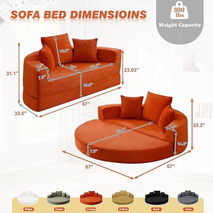 67” Oversized Round Sofa Bed 2 in 1 Convertible Circle Bed Folding Futon Lazy Floor Round Chaise Lounge Chair Comfy Corduroy Boneless Loveseat Couch for Living Room Apartment No Assembly (Orange)