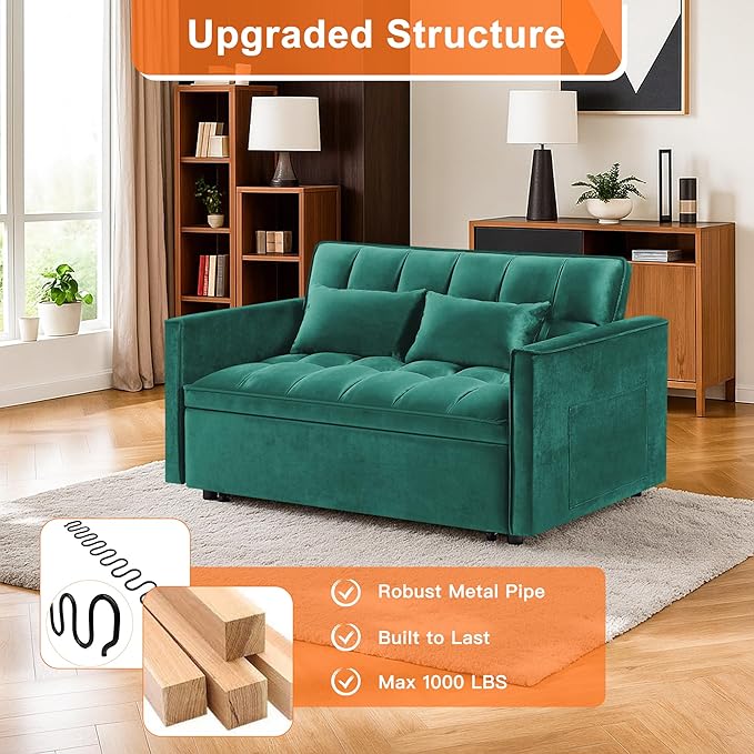 Sleeper Sofa Couch with Pullout Bed 54'' Velvet Futon Loveseat Sofa 3-in-1 Convertible Love Seat Couch for Living Room Apartment Chair Bed Sleeper for Adults (Green)