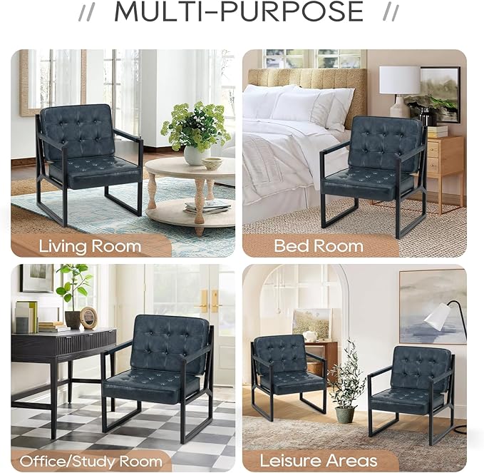 COLAMY Accent Chairs Set of 2 Modern Accent Arm Chairs for Living Room Comfy Leather Armchairs with Metal Legs for Bedroom Reception Room Blue