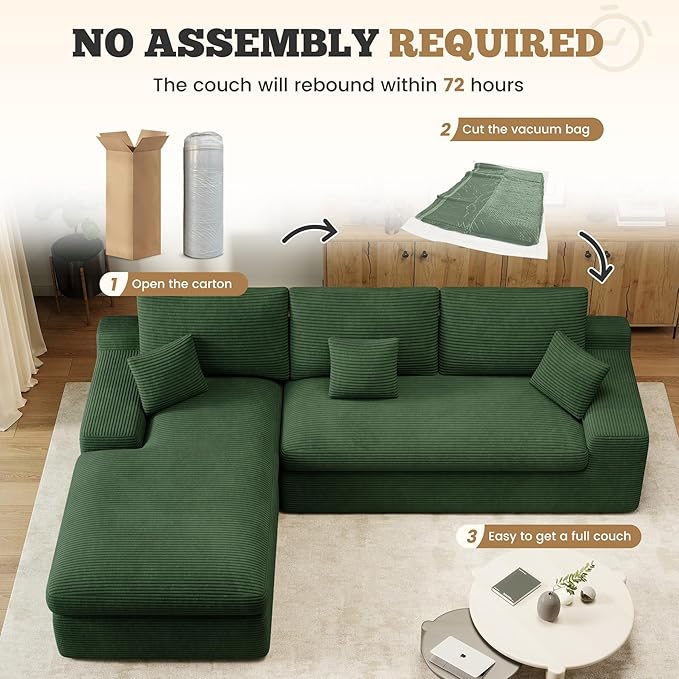 112 Modular Sectional Sofa for Living Room Convertible L-Shape Couch with OttomanCloud Boneless Couch with Layered CushionGreen Corduroy
