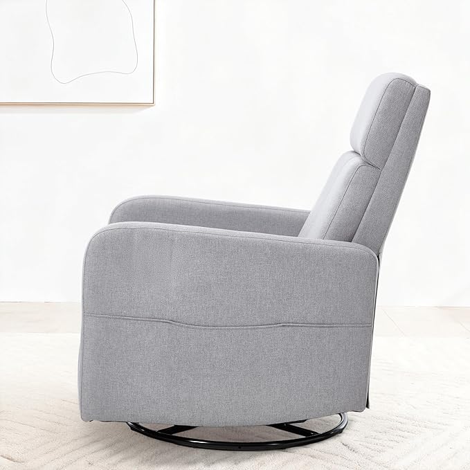 Swivel Rocking Recliner Chair for Adults Upholstered Fabric Glider Recliner Reclining Chair with Side Pockets and Double-Thick Cushion for Living Room Bedroom Nursery(LightGrey)