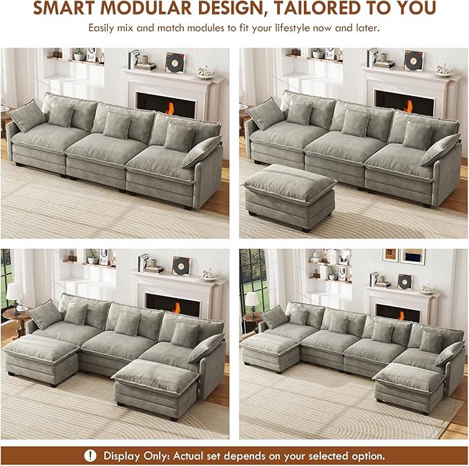WorthFurni 111.4” Cloud Couch Modular Sectional Sofa Comfy Modern 3-Seater Couches with Pillows &amp Upholstered Deep Seat Cushion for Apartment Living Room Bedroom （Grey）