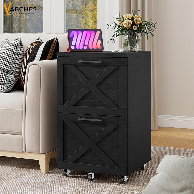Vabches Farmhouse File Cabinet with 2 Drawers Vertical Filing Cabinet on Wheels for Letter/A4 Size Hanging Files Mobile File Cabinets Printer Stand for Home Office Black