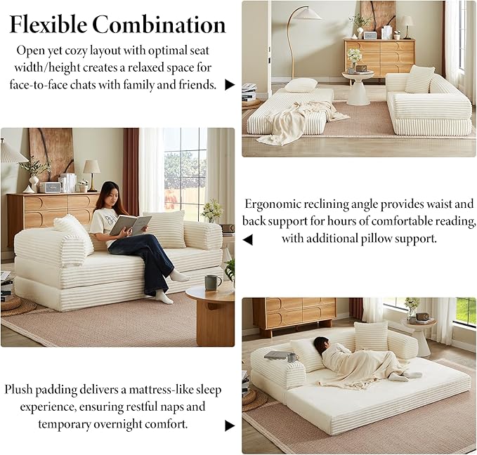 Folding Convertible Sleeper Sofa Bed Corduroy Upholstered Boneless Couch with Pillows Modular Floor Sofa Compression Couch for Living Room No Assembly Required (Beige)