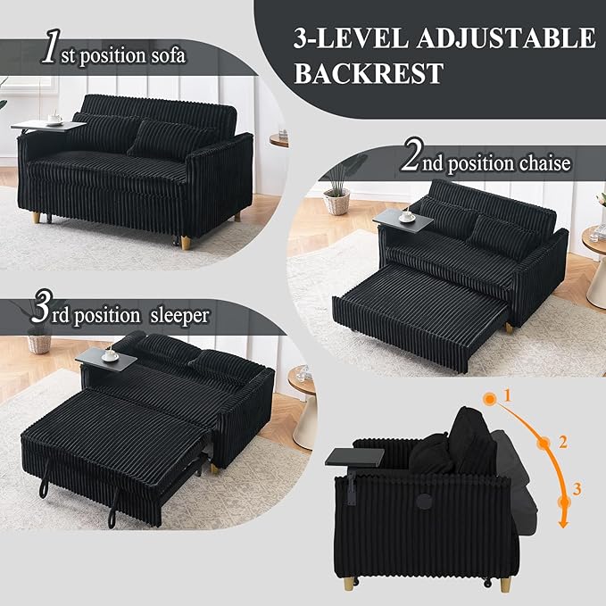 3 in 1 Pull Out CouchCorduroy Upholstered Convertible Sleeper Sofa Bed with Movable Side Table Modern Multifunctional Sofa with USB Port Cushioned Couch for Living Room (Black)