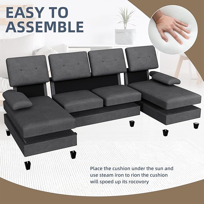 Walsunny Sectional Couches for Living Room Convertible U-Shaped Sofa Couch with Double Chaise 4 Seat Sofa Set Modular Sectional Sofa for Living Room Apartment Bedroom Black