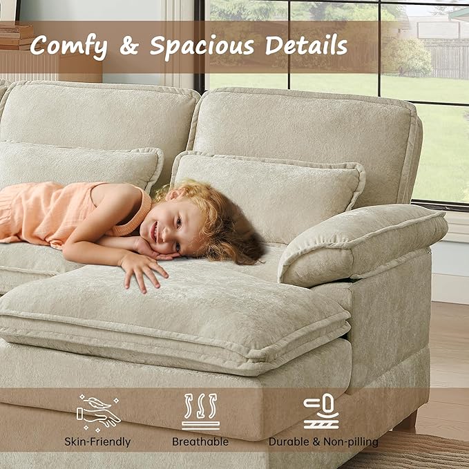 113 U Shaped Sectional Sofa Comfy Cloud Couch Chenille Sofa Sleeper Deep Seat Sofa with 4 Throw Pillows 4-Seater Double-Layer Modern Sofa for Living Room Beige