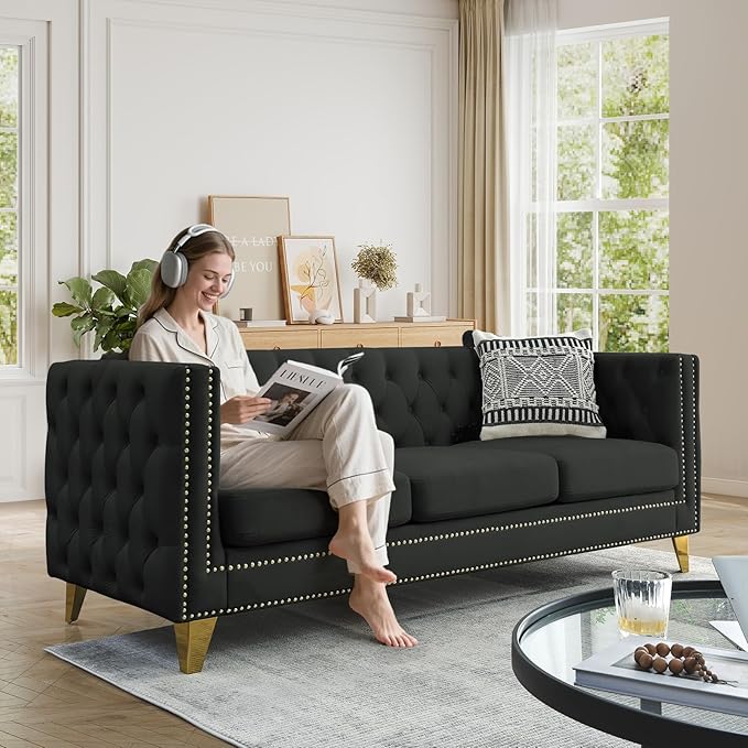 Chesterfield SofaVelvet 3 Seater Modern Couch with Button Tufted &amp Nailhead Trim Upholstered Deep Seat Couch Oversized Comfy Sofa for Living Room Bedroom Apartment Office(80.5W Black)