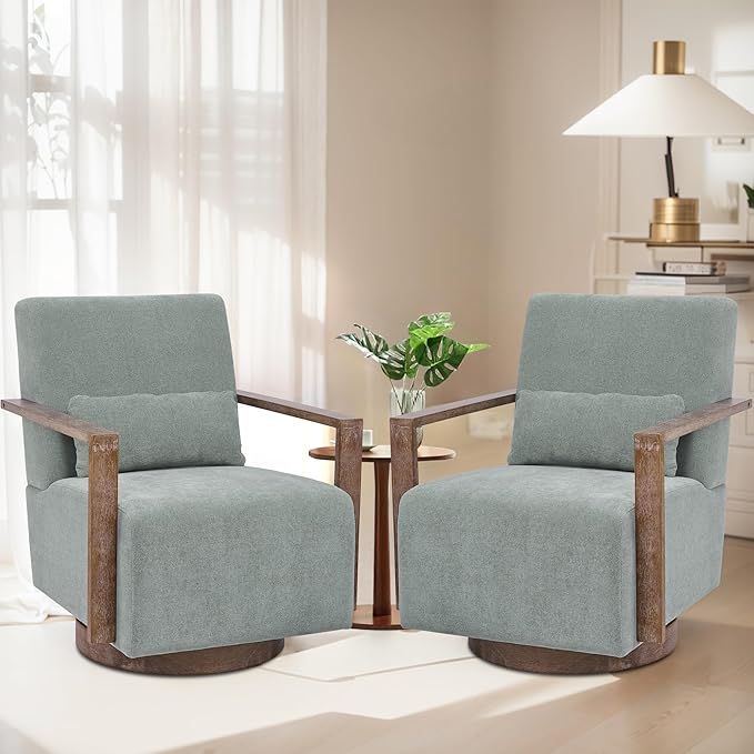 Chifee &amp Vingol 29.72 Swivel Accent Arm Chair Mid Century Modern Living Room Chair Set of 2 with Solid Wood Base &amp ArmrestGreen