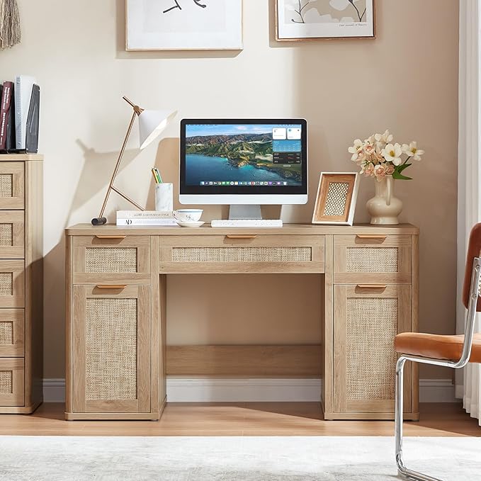 LEYAOYAO Office Desk 56 with 5 Drawers Storage File Cabinet Rattan Wood Desk for Computer Office Bedroom Home Furniture Natural