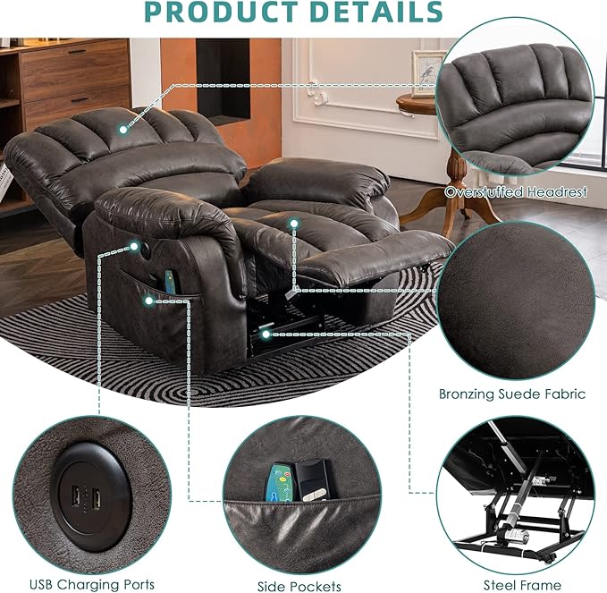 MEETWARM Large Infinite Position Dual Motor Recliner Chair for Big and Tall Elderly Oversized Lay Flat Sleeper Power Lift Recliner with Massage Heat 2 Remote Controls/USB Port/Side Pockets(Gray)