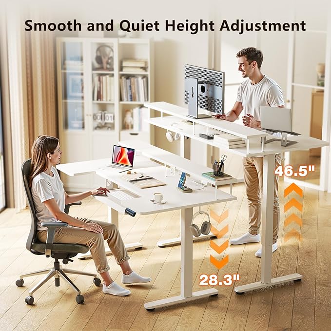 OffiGo U Shaped Electric Standing Desk with Keyboard Tray 55 Inch Height Adjustable Desk with Power Outlets &amp LED Lights Sit Stand Table with Monitor Stand for Home Office White
