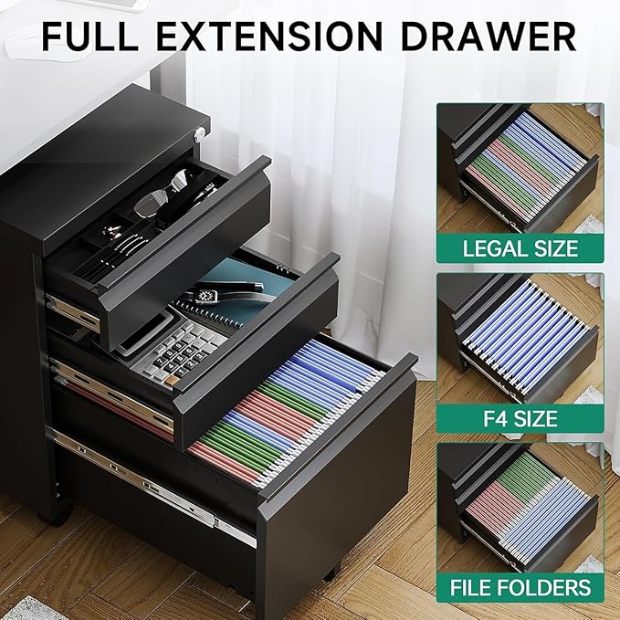 Letaya 3 Drawer Mobile File Cabinet with Lock Under Desk Metal Rolling Filing Cabinets for Home Office Organizer Letters/Legal/A4 (Black- Requires Installation) (Black)