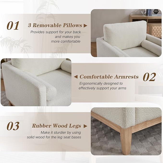 Mlmh &amp Kngwa 35.43 W Modern Accent Chair for Bedroom Upholstered Accent Chairs Single Sofa Chair with Natural Wood Legs Comfy Armchair for Living Room Office Ivory