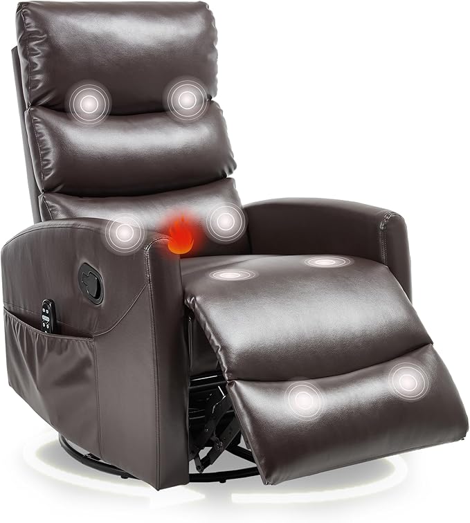 cinkehome Small Swivel Rocker Recliner Chair with Heated Massage Upholstered Nursery Glider Recliner Chair High Back Side Pocket (Brown PU Leather)