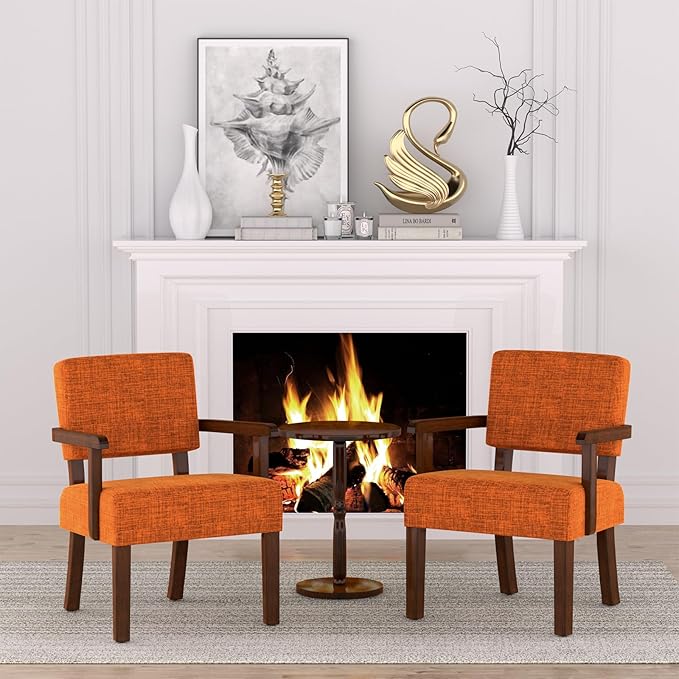 Mid Century Modern Accent ChairArmchairs with Solid Wood Frame and LegsUpholstered Reading Leisure Chair for Living RoomBedroomOfficeWaiting Room (Orange)