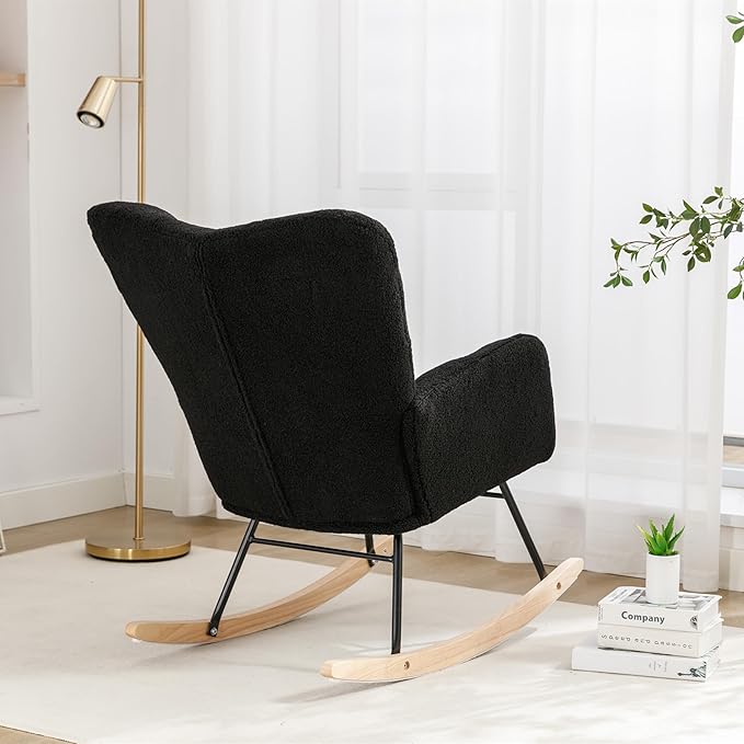 Setawix Teddy Fabric Rocking Accent ChairMid Century Modern Rocking Glider ArmchairLeisure Tufted Rocker Arm Chair for NurseryBedroomLiving Room (Teddy Black 27.6)