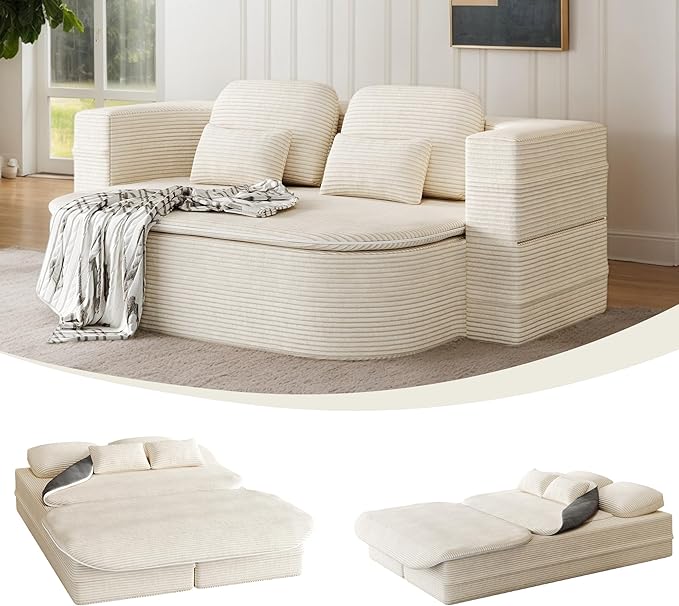 75'' Corduroy Foldable Full Size Boneless Couch Bed 2-in-1 Convertible Sleeper Compression Loveseat Sofa with Pillow No Assembly Memory Foam Floor Folding Couch for Living Room (Beige) | 2-in-1 Pi