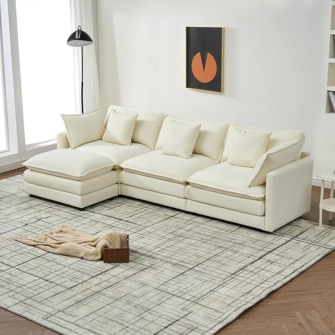 Modular Convertible Sectional Couch 4 Seat L Shaped Sofa Reversible Chaise Sectional Sofa Deep Seat Cloud Couch Chenille for Home Apartment Dorm (Cream White L Shaped)