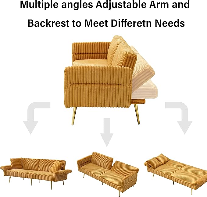 79 Corduroy Futon Sofa Bed Small Couch Loveseat Convertible Futon Sleeper Sofa with Folding Armrests and 2 Pillows Modern Couch for Living Room Bedroom Yellow