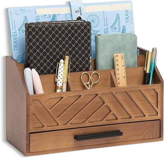 Brown Wood Desk Organizer and Accessories with Drawer Bill Mail Organizer and File Mail Holder for Office Supplies Modern Desk Accessories &amp Workspace Organizers for Desk Organization