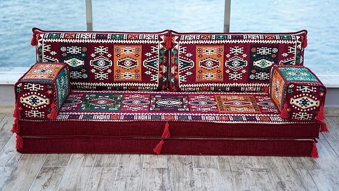arabicsofa Maroon Arabic Majlis Sofa with Cushions – Modular Loveseat Floor Sofa for Living Room