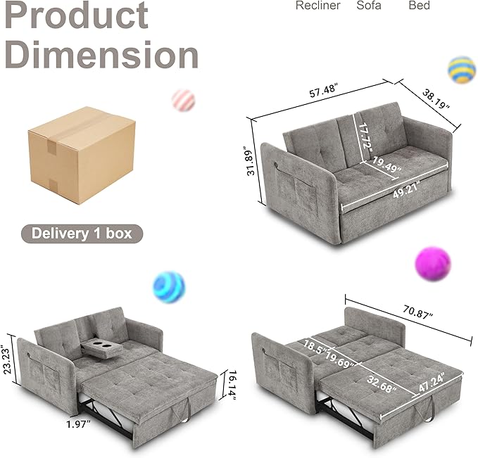 57.48 Convertible Sofa Bed with Cup Holder Pull Out Sleeper Sofa Bed with USB Charging Ports 3 in 1 Convertible Sleeper Sofa Bed for Living Room Apartment Bedroom RV Grey