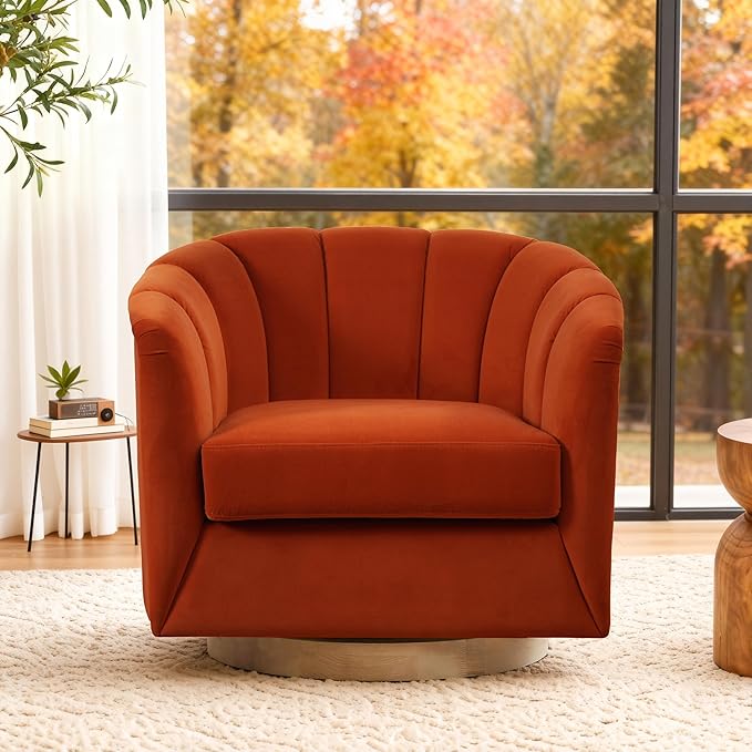 SITJOY Swivel Accent Chair Mid Century Modern Barrel Armchair with Solid Ash Wood Base Upholstered Chair for Living Room Bedroom Velvet Fabric in Burnt Orange