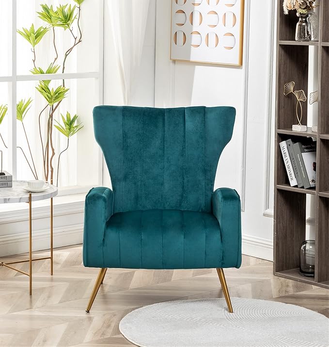 Modern Velvet Accent Chair Channel Tufted Bedroom Office or Living Room Furniture with Elegant Metal Legs 26 Wide Armchair Blueish Green