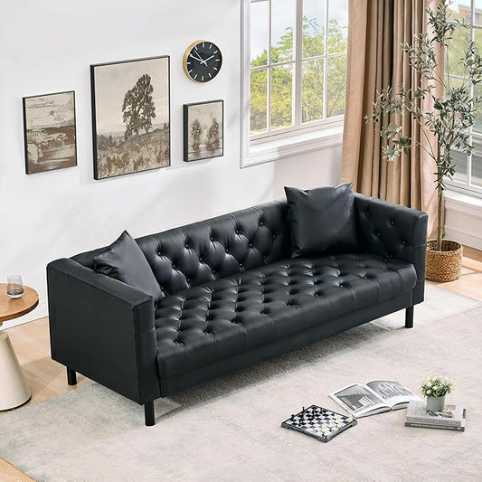 81 Button-Tufted Leather Sofa Mid-Century Modern Chesterfield 3 Seater with Deep Seat and 2 Pillows Ideal Leather Couch for Living Room Apartment and Office Use (Vintage Black)