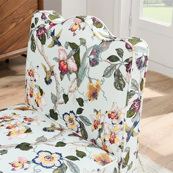 Polibi Retro Single Chair with Flower Pattern and Wave-Shape Edge Flannel Upholstered Armless Sofa Chair with Seat Cushion and Pillow for Living Room Bedroom Red+Yellow Flower