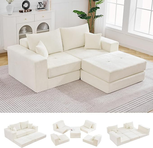 79 Boneless Cloud Loveseat Sofa Couch Modular Tufted Foldable Floor Sofa with Ottoman Chenille Lounge Convertible Sofa Bed for Living Room No Assembly Beige