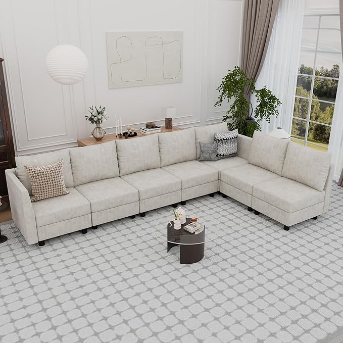 Fiona's magic Modular Sectional Sofa Set 7 Seats Sleeper Sofa Couch with Storage Sectional Sofa Couch with USB Charging Port Modern Comfy Chenille Couch for Living Room Beige