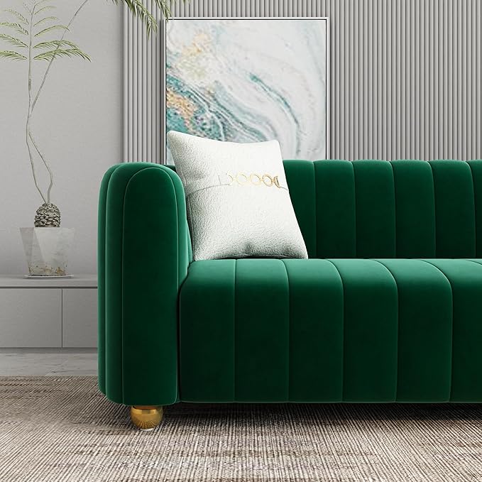 Modern Green Velvet Couch for Living Room 83.46 Curved Sofa with Gold Metal Sphere Legs 3 Seater Cute Couch (Velvet Green)
