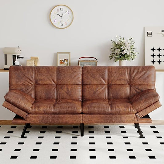 Futon Sofa Bed Convertible Couch Brown Faux Leather Sofa Bed with Memory Foam Adjustable Backrest &amp Armrests Multifunctional Small Loveseat Sleeper Sofa for Living Room Apartment Office