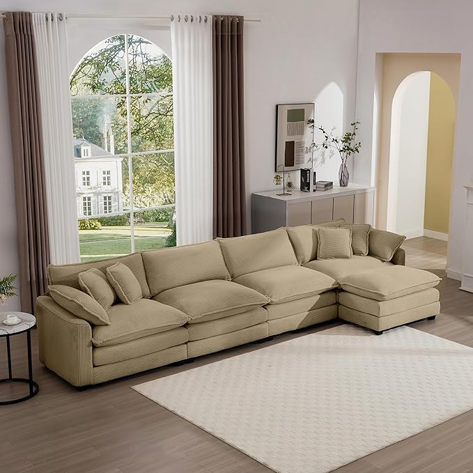 Oversized Modular Sectional Sofa 149.5'' Modern Corduroy Comfy Cloud Couches for Living Room Apartment L-Shaped Deep Seat 4-Seater Sofa with Movable Ottoman Camel