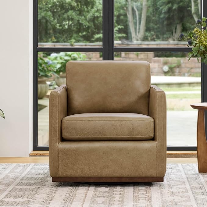 CHITA Genuine Leather Swivel Accent Chair FSC Certified Mid Century Modern Arm Chair for Living Room and Bedroom Fully Assembled Mocha